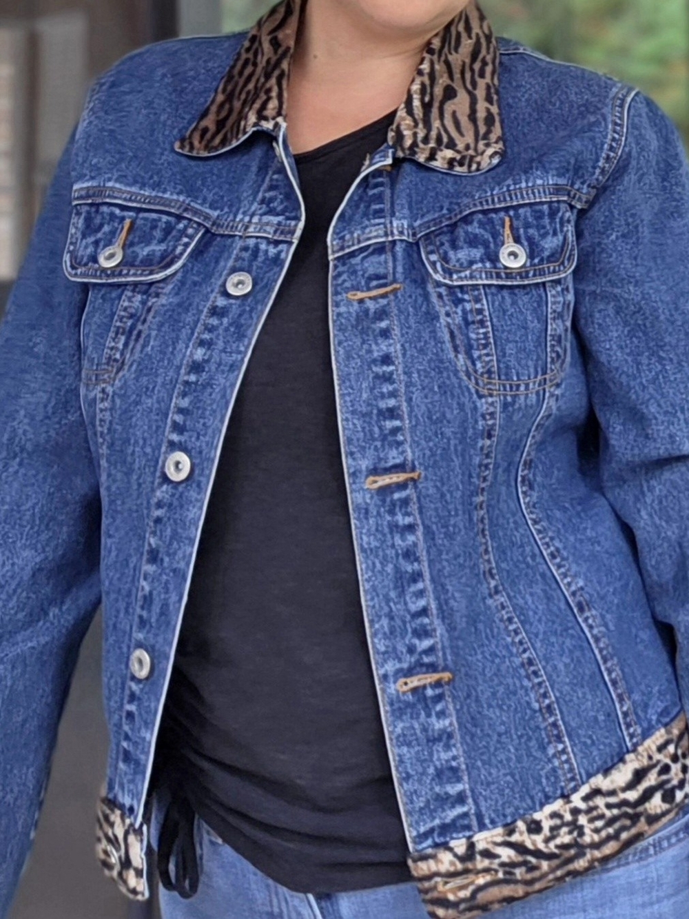 Vintage Blue Denim EAST WEST Jacket with Leopard Collar & Hem